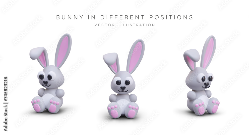 Obraz premium Vector colored bunny, view from different sides. Cute 3D Easter character