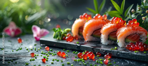 sushi on a dark background in an Asian restaurant, copyspace photo