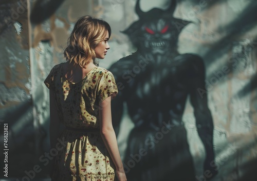 demon looking at a woman, evil shadow - ai generated photo