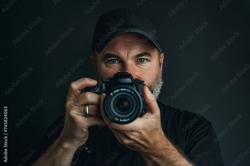 photographe barbu avec une casquette de face tenant son reflex devant son visage prêt à photographier sur fond noir - obrazy, fototapety, plakaty 