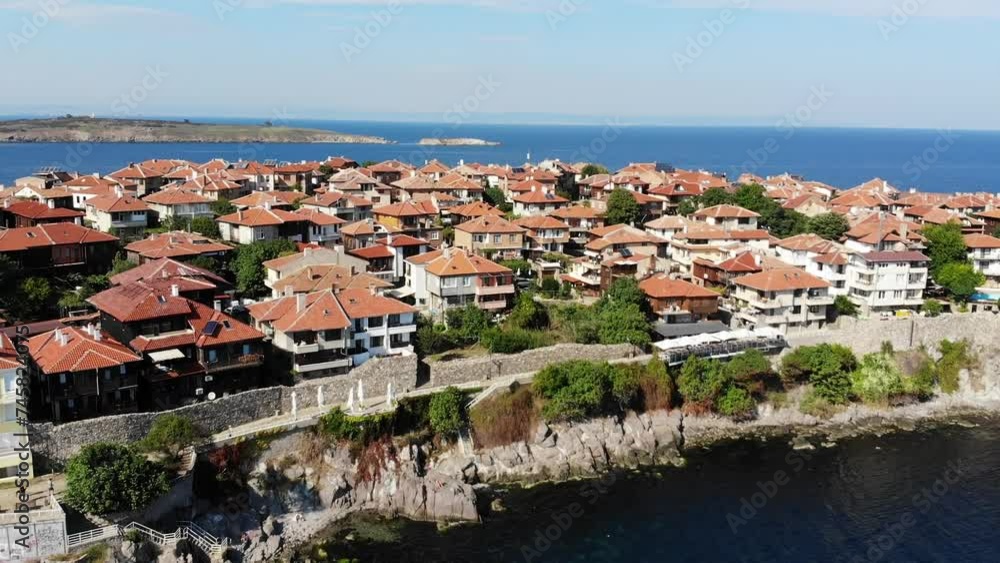 Sozopol, Bulgaria. Aerial view of medieval old town and Black Sea. Drone view from above. Summer holidays destination. Sozopol, Bulgaria. Aerial view of medieval old town and Black Sea. Drone view from above. Summer holidays destination.