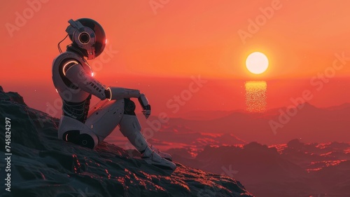 Astronaut contemplating sunset on alien world - An astronaut sits in contemplation  observing a breathtaking sunset over a distant alien world s horizon