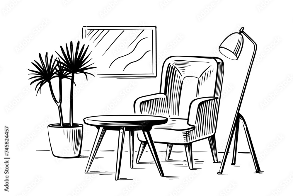 Fototapeta premium Interior hand drawing vector. Armchair soft chair