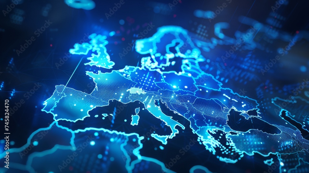 Digital blue map of Europe with glowing nuts - This second digital image illustrates the intricate connections within Europe with a focus on network and data streams