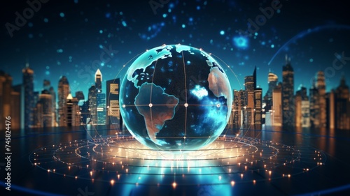 Digital globe with city backdrop at night - A stunning digital representation of Earth against a futuristic city landscape, evoking thoughts of globalization and technology