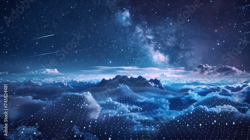 Digital mountains under cosmic skies with cloud layer - Surreal digital mountain range under a cosmic sky with a layer of clouds, depicting a dreamy digital world