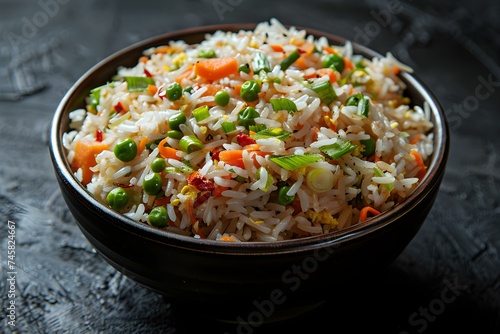 Fried Rice on a black background top view Chinese Cuisine. Concept Food Photography, Chinese Cuisine, Top View, Black Background, Fried Rice