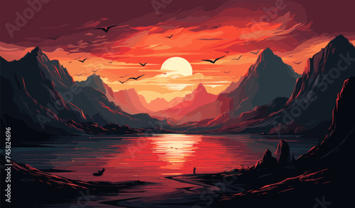 black mountain at sunset, dramatic landscape illustration vector