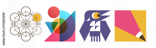 Simple mechanical scheme. Tribal bird symbol. Geometric style. Art composition of flat colorful shapes. Decoration element. Design for brochure, poster, card, poster, print, presentation or banner.