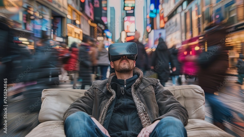 Portrait of young man sitting on sofa on the street wearing Vr headset goggles with city people walking