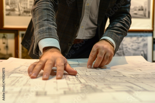 A close-up of an interior architect analyzing a blueprint with focused concentration in a sleek modern office setting, photo