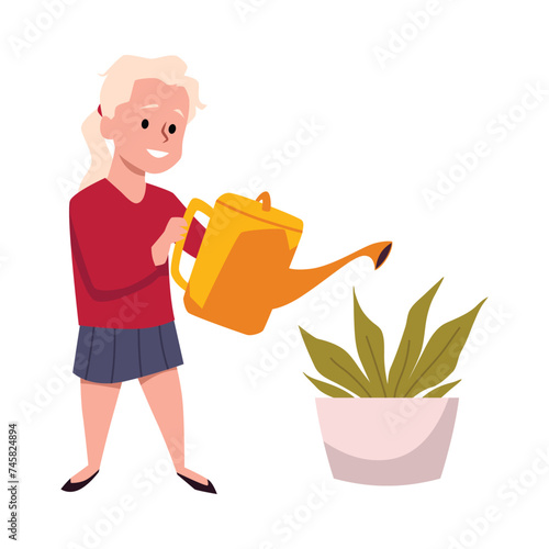 Cute girl watering plant in pot from a watering can, cartoon vector happy little kid doing housework, cleaning duty