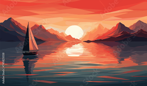 Boat water mountains sunrise contemporary art geometric illustration vector