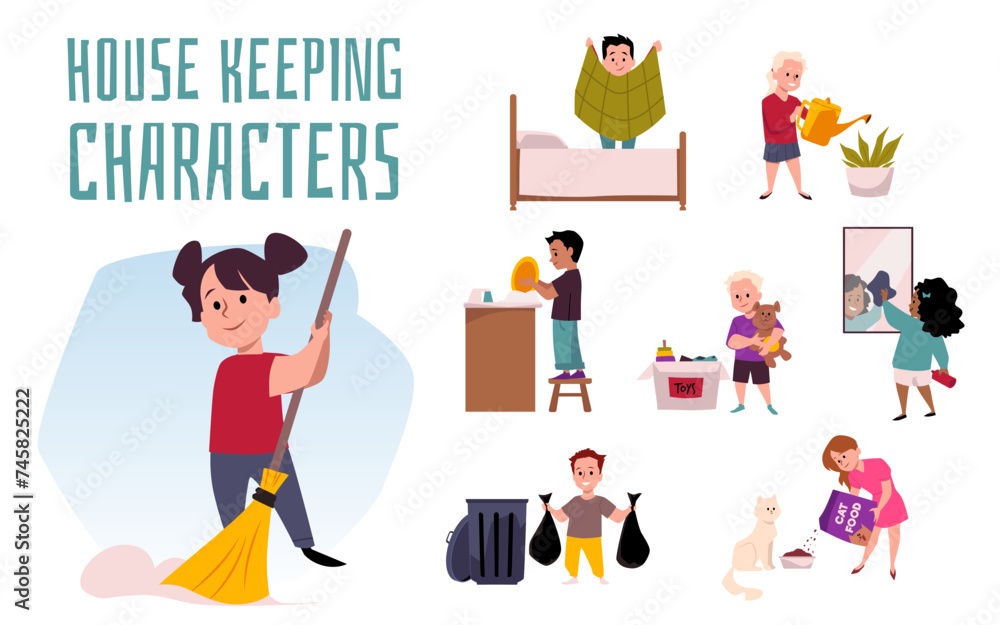 Fototapeta premium Set of children characters doing household chores, vector illustration isolated.
