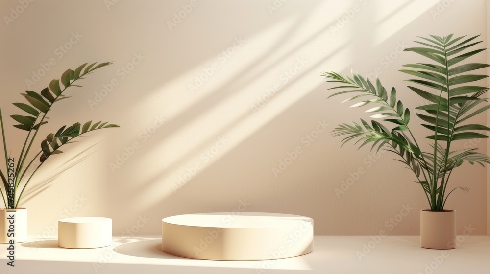 Soft sunlight filters through a peaceful scene featuring elegant green plants in neutral pots on a minimalist display podium, creating a tranquil and natural atmosphere.
