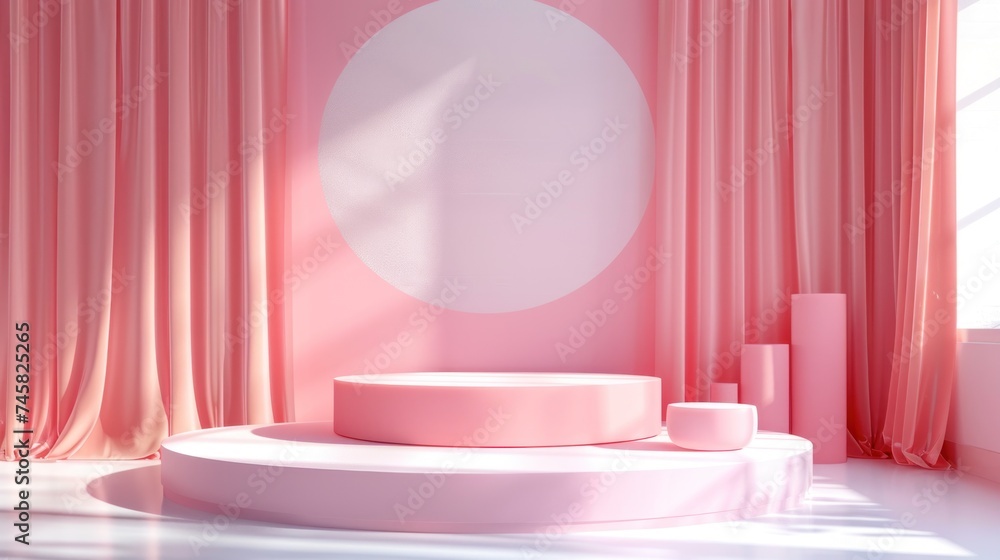 Ethereal pink tones fill a serene space, featuring an elegant round podium with harmonious geometric shapes, complemented by soft drapery and diffused sunlight. Ethereal pink tones fill a serene space, featuring an elegant round podium with harmonious geometric shapes, complemented by soft drapery and diffused sunlight.