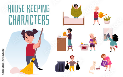Set of children characters doing household chores, vector illustration isolated.