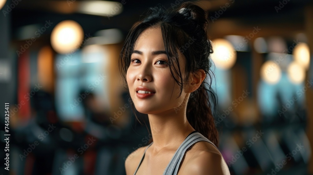 スポーツジムでトレーニングをするアジア人女性, Generative AI