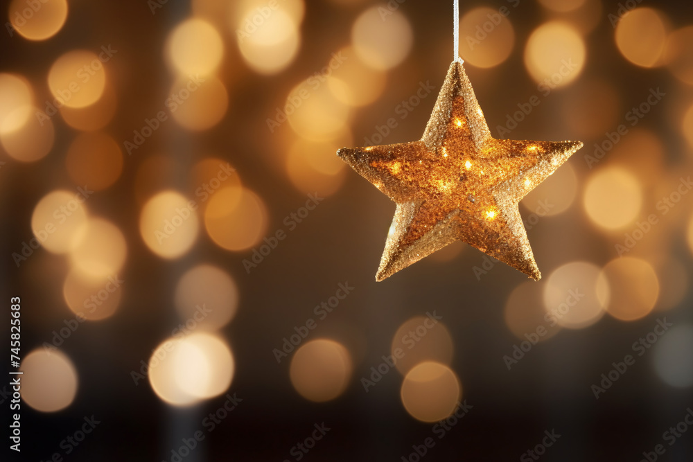 Gold Star Ornament Glitters on Dreamy Bokeh Background, Festive Holiday Season Magic Gold Star Ornament Glitters on Dreamy Bokeh Background, Festive Holiday Season Magic
