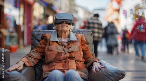 Elderly retired woman sitting on sofa weraring VR headset with people walking on the street
