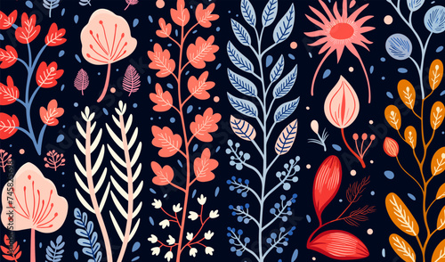 botanical illustrations featuring various plant and floral elements, nature-inspired designs, bold and colorful seamless pattern template