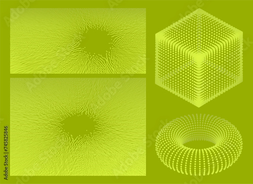 Small particles strive out of center. Array with dynamic particles. Torus and cube made up of small particles. Objects with dots. Grid. Connection structure for science. Vector illustration.
