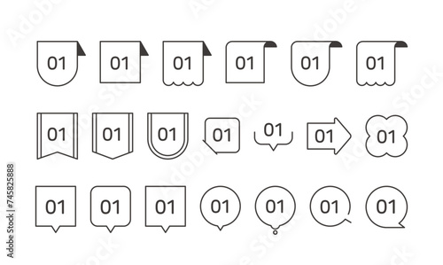 Set of minimal line banners, labels, ribbons, emblems, frames, tags, points, speech bubbles and arrows decorative icons. It is used as a design template source for business, events, etc.