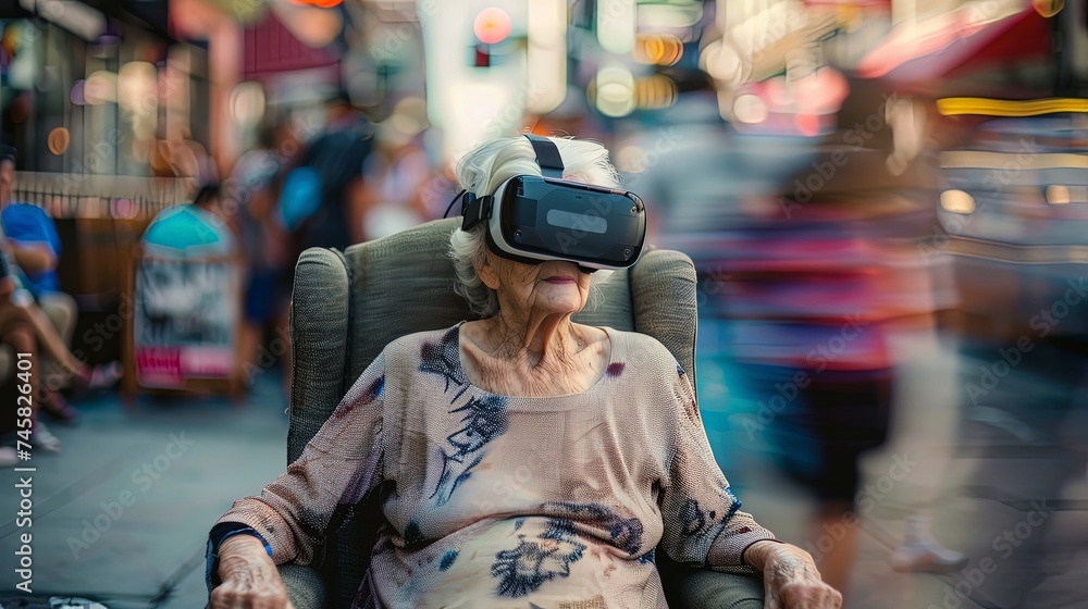 Old woman sitting on sofa in the street wearing vr goggle headset with people walking Old woman sitting on sofa in the street wearing vr goggle headset with people walking