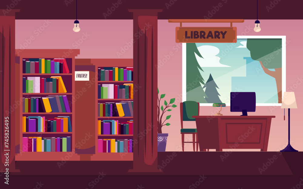 Cozy library interior vector with bookcases and desk with computer. Cozy library interior vector with bookcases and desk with computer.