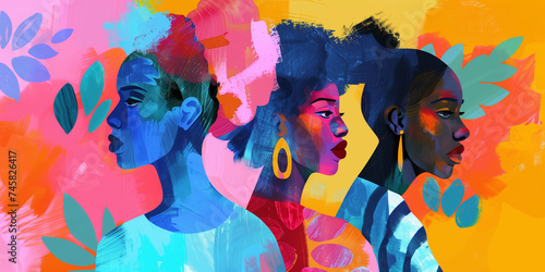 colorful art painting of 3 diverse poc women in a line from side profile view, abstract photo