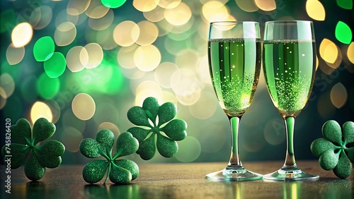 Two glasses of champagne with clover leaves on bokeh background, St. Patrick's Day celebration.