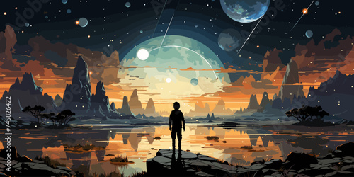 boy standing and looking at the magic rocks floating in the sky, vector illustration