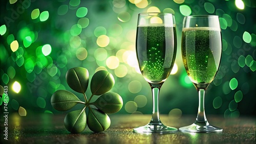 Two glasses of champagne with clover leaves on bokeh background, St. Patrick's Day celebration.