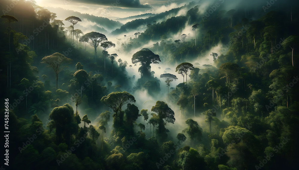 Misty sunrise over a lush rainforest, with sunbeams piercing through towering trees and fog. Misty sunrise over a lush rainforest, with sunbeams piercing through towering trees and fog.