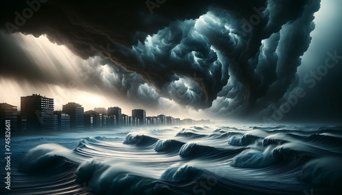 Dramatic supercell thunderstorm over a turbulent sea with crested waves near a coastal cityscape. photo