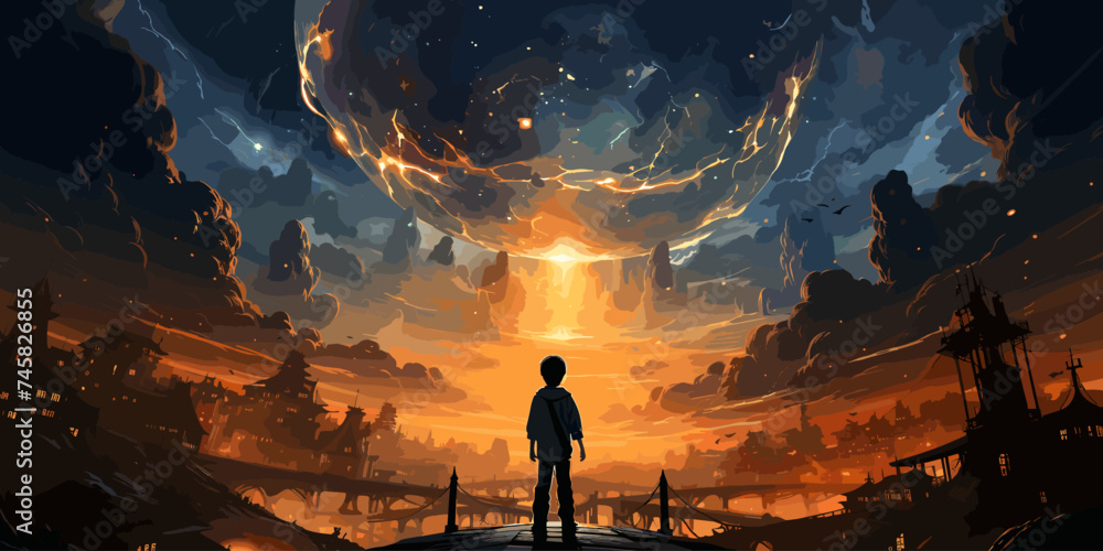 Boy standing on the opened giant book with fantasy light, digital art style, illustration painting - obrazy, fototapety, plakaty 