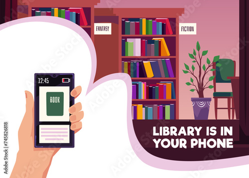 Banner for online library with hand holding smartphone, flat vector illustration.