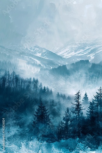 Foggy winter landscape with snow covered fir trees in mountains. Generative AI.