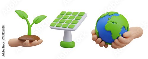 Hands hold soil with plant, solar panel on stand, Earth in human palms