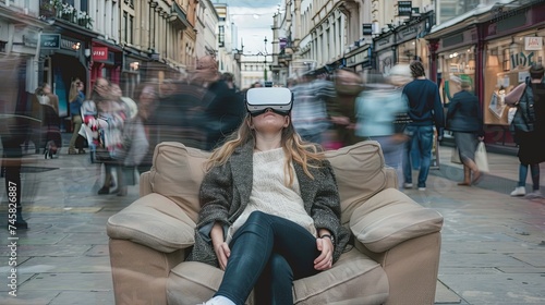 Young woman sitting on couch wearing VR headset in city street with people walking
