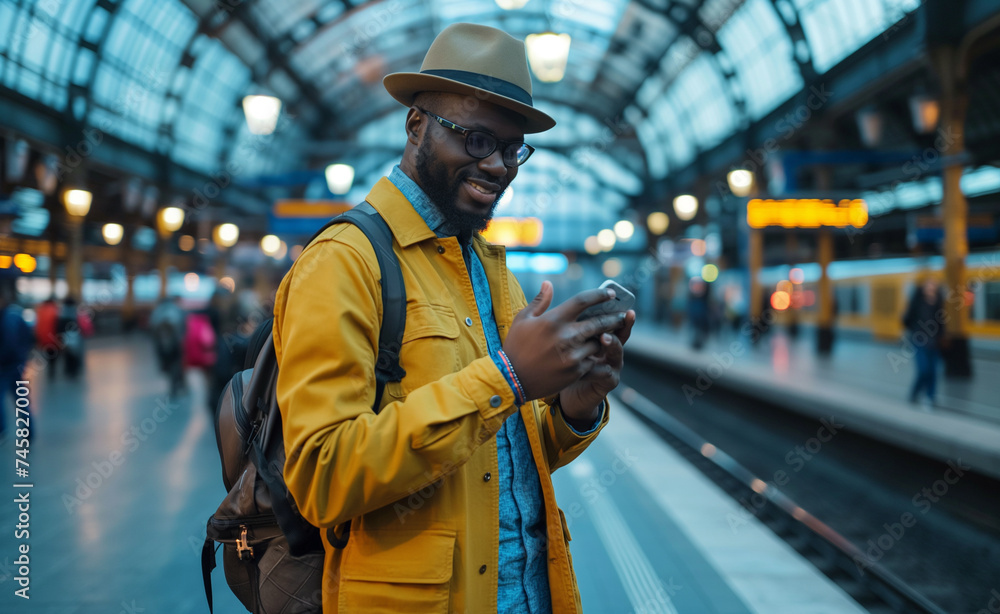 On-the-Go Productivity: Man Using Mobile App at Train Station On-the-Go Productivity: Man Using Mobile App at Train Station
