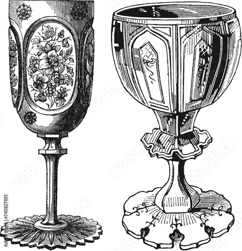 Wine glass, wine cup, chalice or goblet vintage engraving illustrations