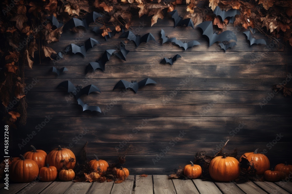 Halloween background with pumpkins, bats and spiders on wooden planks. Concept of blank holiday cards, banner - obrazy, fototapety, plakaty 