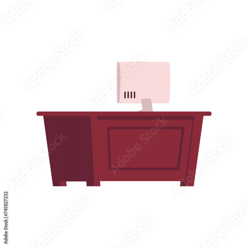 Wooden table with computer, library furniture interior, vector cartoon home, office or school internet education desk