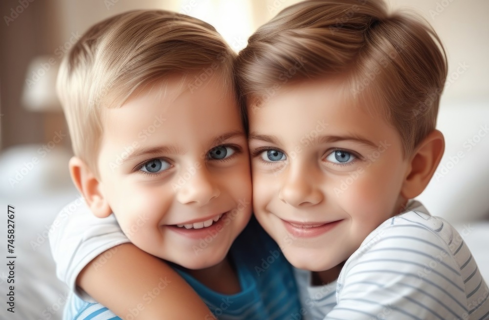 Two brothers hugging and laughing, cuddle day, close friends Two brothers hugging and laughing, cuddle day, close friends