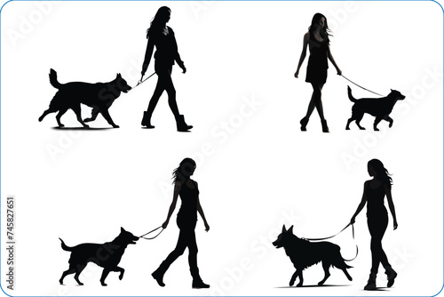 Silhouettes of A woman walking his dog, People Walking Dogs, Black silhouettes of A woman walking his dog