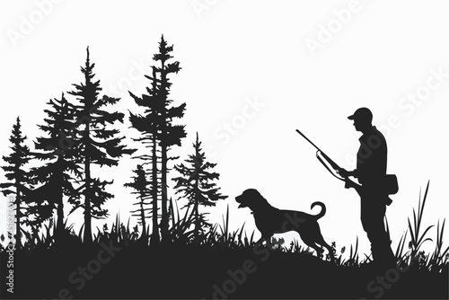 Silhouette of a hunter and dog, Hunter and dog, Silhouette of hunter with gun and his dog on white background