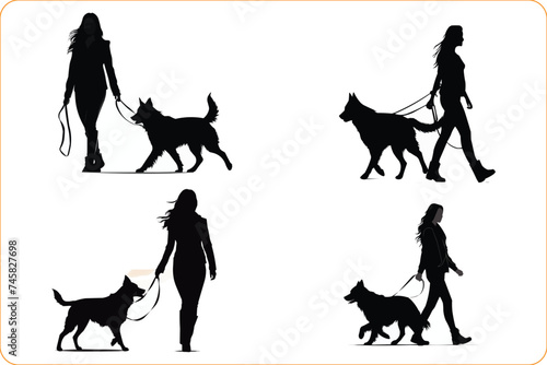 Silhouettes of A woman walking his dog, People Walking Dogs, Black silhouettes of A woman walking his dog
