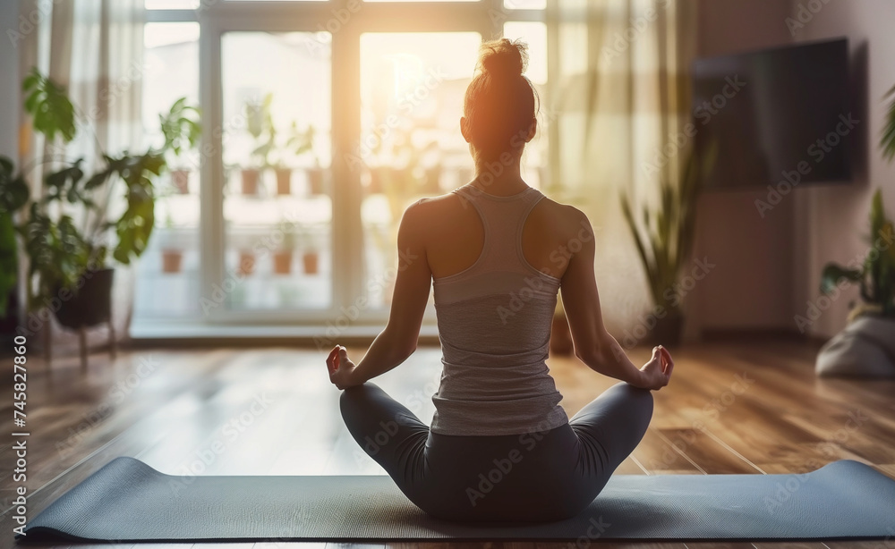 Morning Zen: Active Lifestyle Woman Preparing Yoga Space at Home Morning Zen: Active Lifestyle Woman Preparing Yoga Space at Home