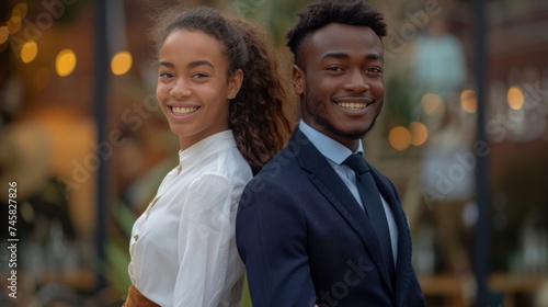 A young woman in brown trousers and a white shirt stands smiling back to back with a young man in a dark blue suit